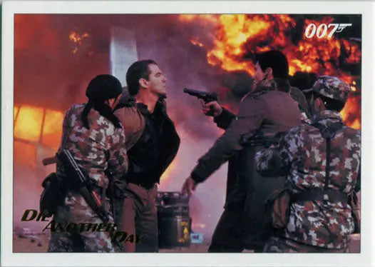 Action scene from a James Bond movie on gold foil trading card featuring armed men