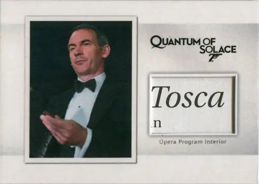 James Bond Archives trading card features tuxedo man from Quantum of Solace and Tosca