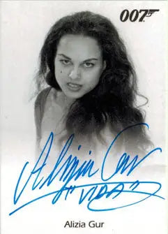 Black and white portrait of Alizia Gur on James Bond Autographs trading card