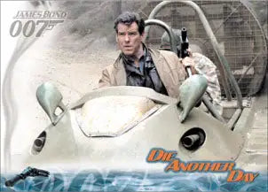 Sleek white speedboat with a man at the controls on James Bond Die Another Day promo card