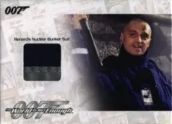 Trading card of James Bond in a dark blue nuclear bunker suit from JBR19