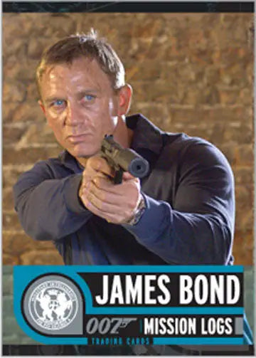Man in a dark shirt aiming handgun, featured on James Bond Mission Logs promo card