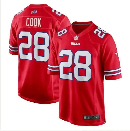 Red Buffalo Bills James Cook #28 football jersey displayed in product image