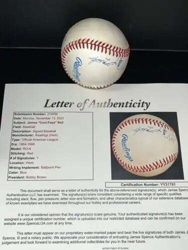 Signed baseball by James Cool Papa Bell with JSA letter of authenticity