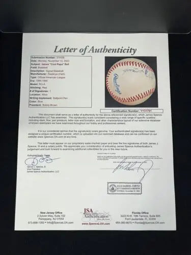 Letter of Authenticity for James Cool Papa Bell Single Signed Baseball HOF’er JSA LOA