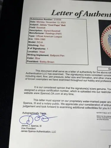Letter of authenticity for James Cool Papa Bell signed baseball with JSA LOA