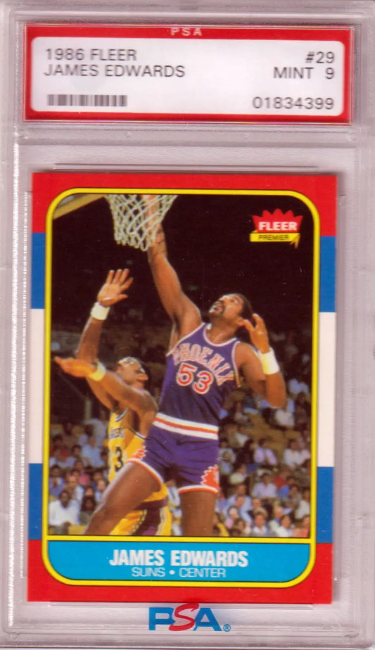 Graded 1986 Fleer James Edwards Suns basketball card in PSA 9 Mint condition from Columbia Hobby