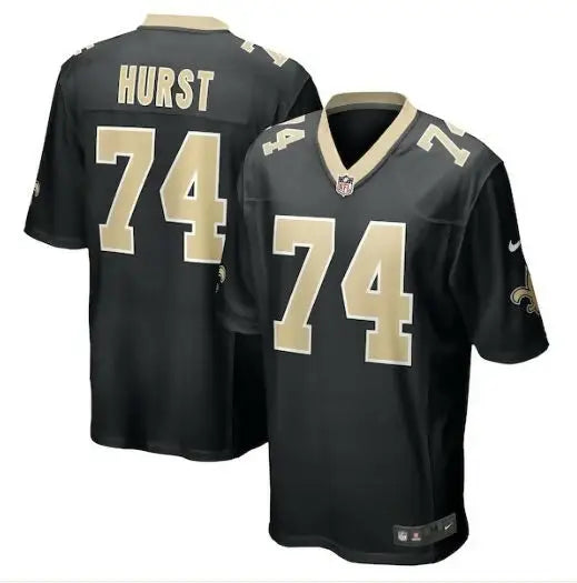 Black and gold New Orleans Saints Nike game jersey with number 74 for James Hurst