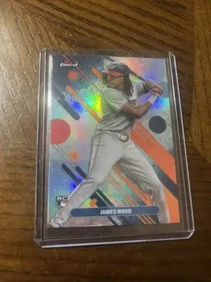James Wood 2025 Topps Finest Rookie refractor card in protective case