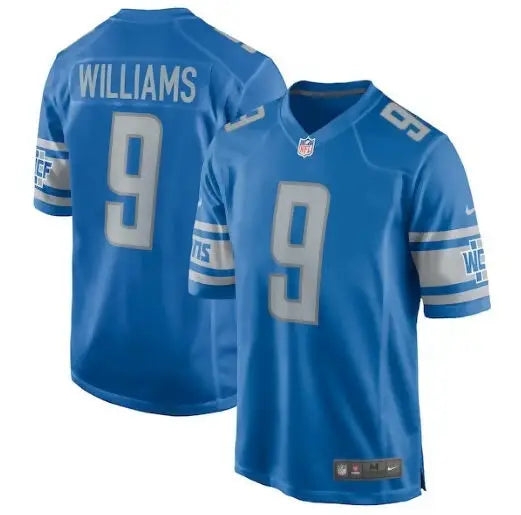 Blue Detroit Lions Jameson Williams Nike Game Jersey with number 9 front view