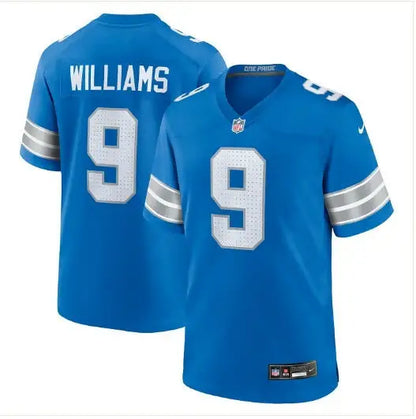 Blue Detroit Lions Nike Jameson Williams game jersey with white number 9 and WILLIAMS on back