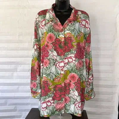 Pink floral long sleeve button-up blouse in size large with sequin details