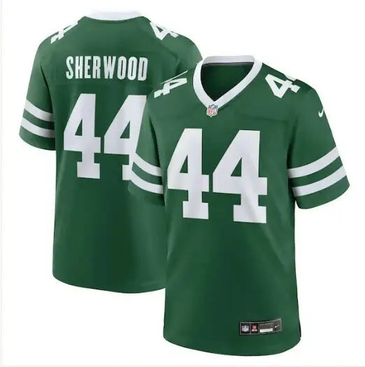 Green Jamien Sherwood New York Jets Nike team game jersey with white numbers and stripes