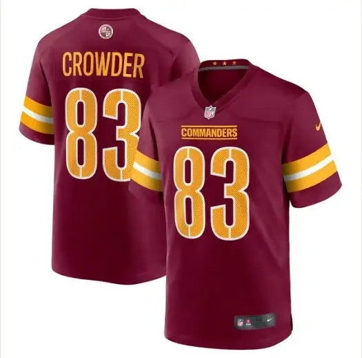 Maroon Washington Commanders Nike Game Jersey with gold and white striped sleeves and number 83