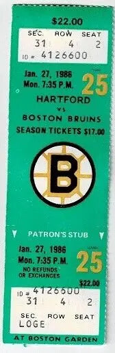 Vintage Boston Bruins hockey ticket stub from the Jan 27 1986 game at the Garden NHL