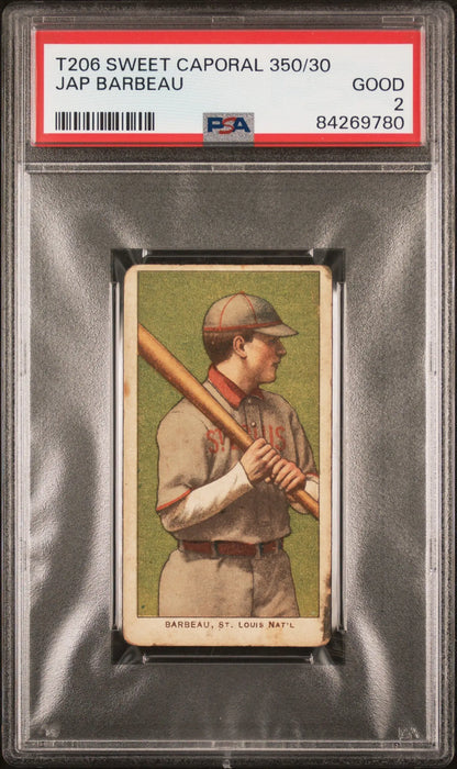 PSA-graded T206 Sweet Caporal card of Jap Barbeau in batting stance with brown cap