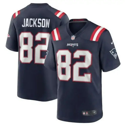 Navy blue New England Patriots JaQuae Jackson Game Jersey with 82 on front and back