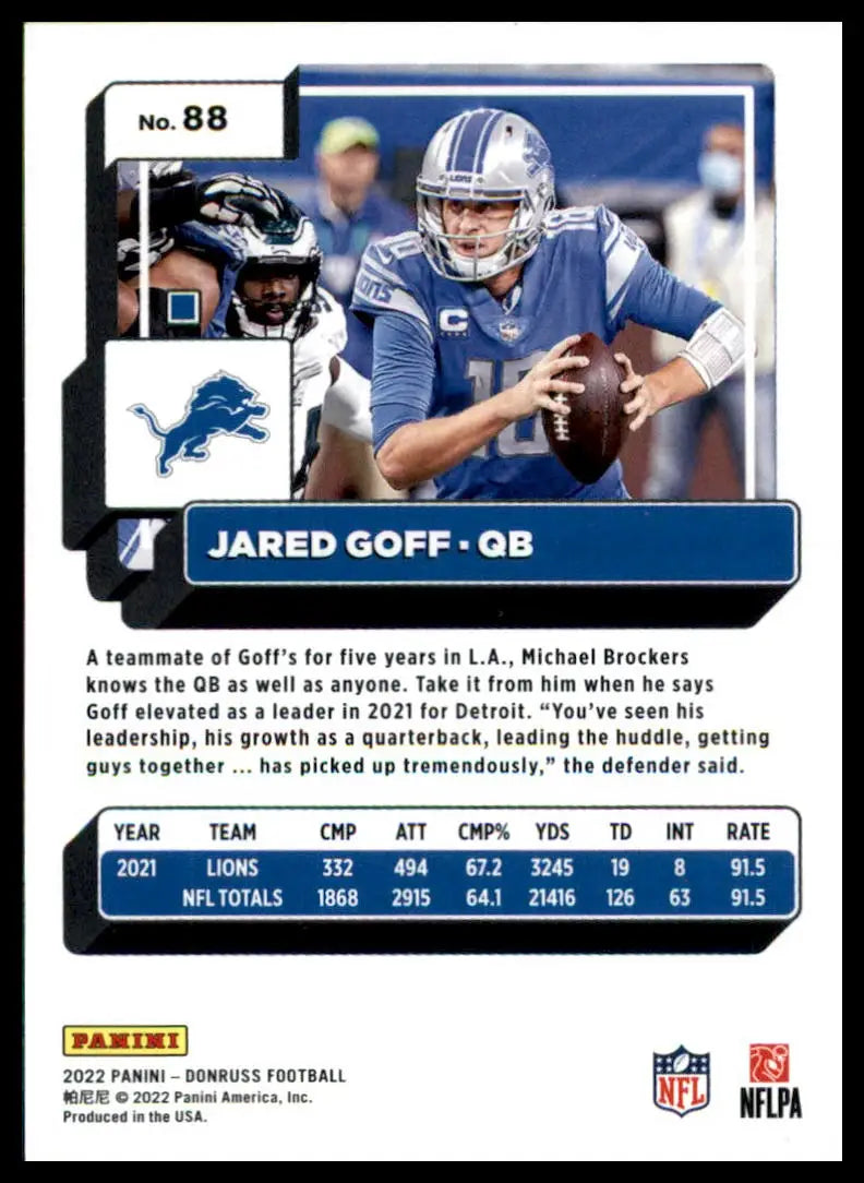 Jared Goff football card from 2022 Donruss Detroit Lions product