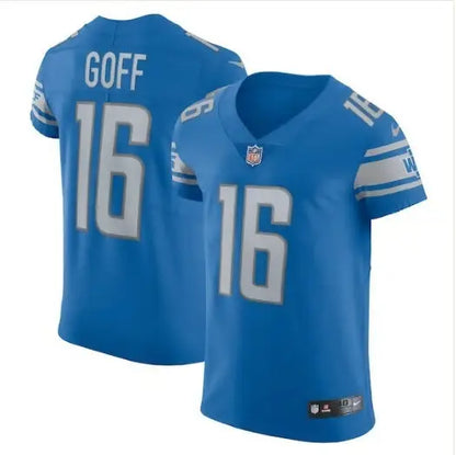 Blue Jared Goff Detroit Lions Nike Vapor Elite Player Jersey with white numbers and stripes
