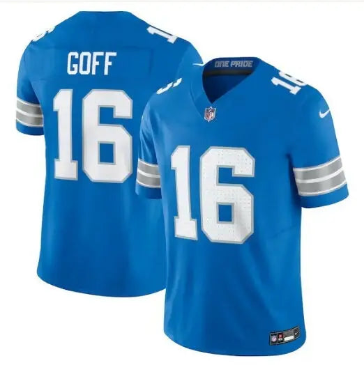 Blue Jared Goff Detroit Lions Nike Vapor F.U.S.E. Limited Jersey displayed on a product page