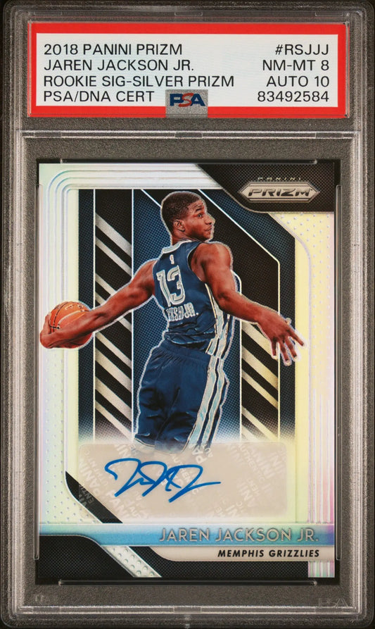 Graded 2018 Panini Prizm Jaren Jackson Jr. Rookie Signature Silver Prizm card with panini prizm auto