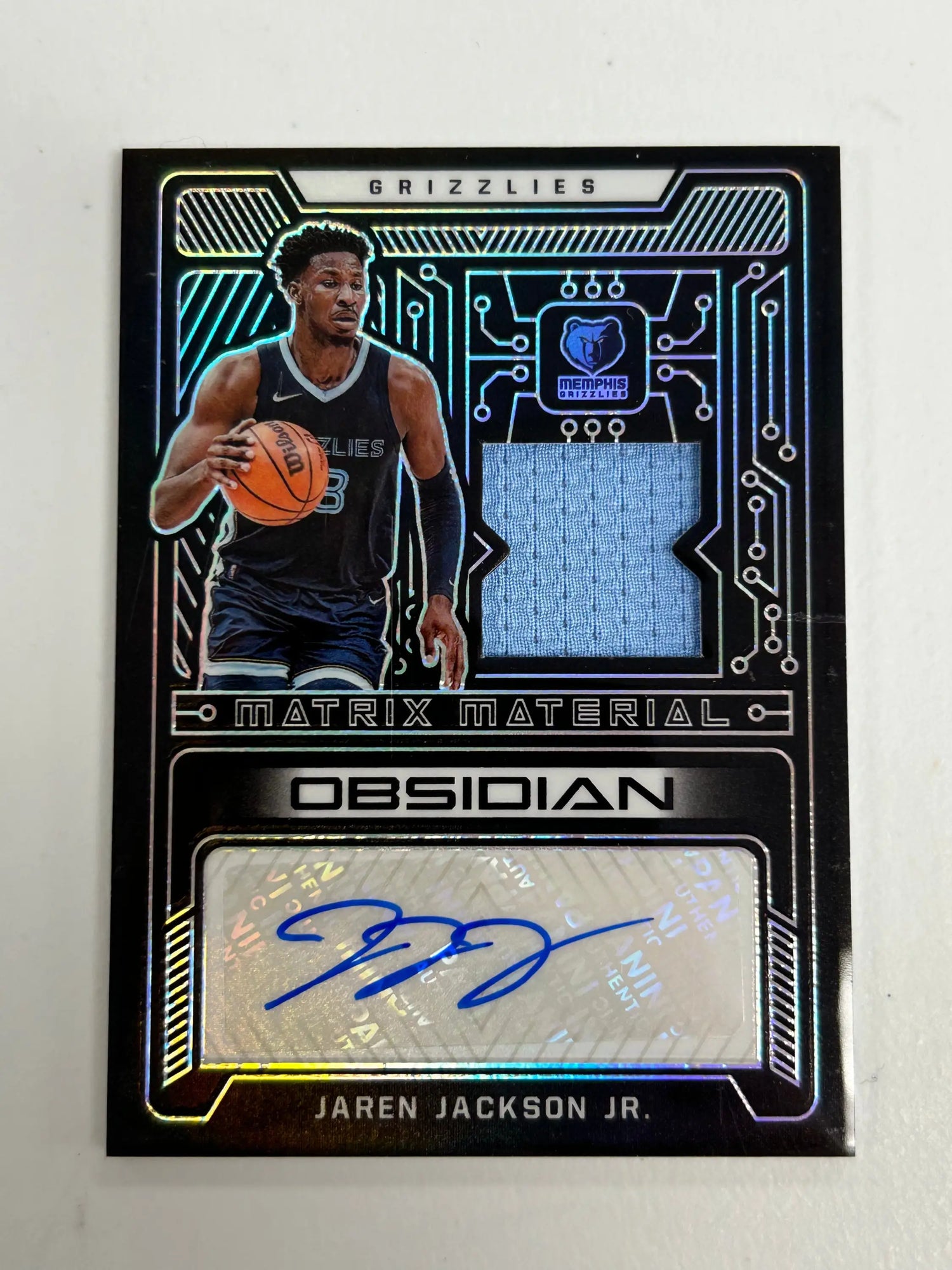 Basketball trading card of Jaren Jackson Jr. Panini Obsidian Matrix Material Auto Jersey