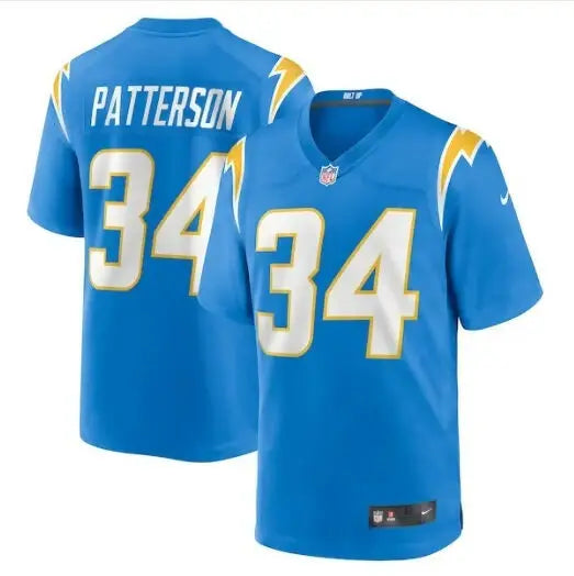 Blue Los Angeles Chargers Jaret Patterson NFL jersey with number 34 and PATTERSON on back
