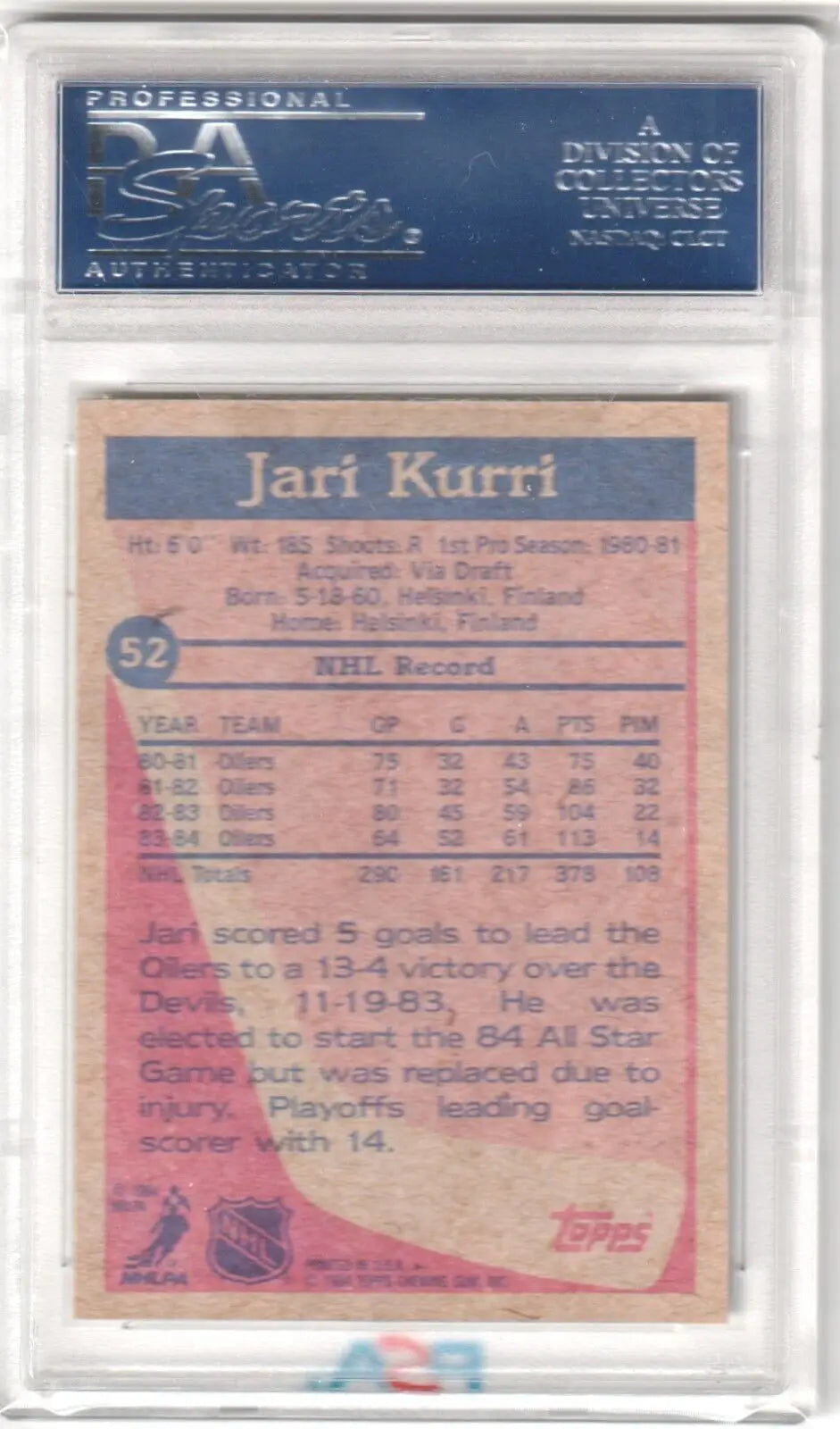 Jari Kurri hockey card from Columbia Hobby, 1984-85 Topps PSA 9 Mint single card