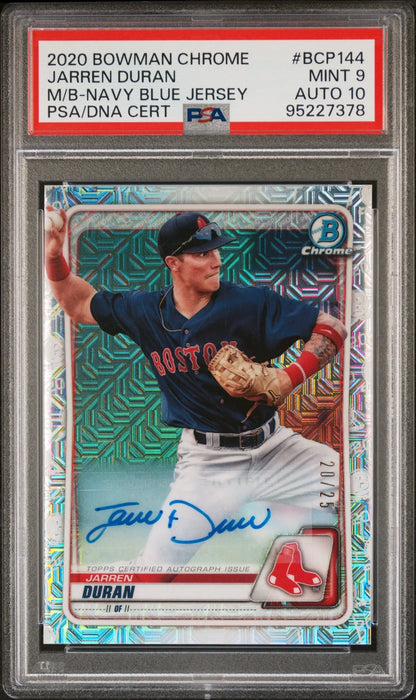 Graded Jarren Duran baseball card in navy blue jersey auto from Bowman Chrome Mega Box