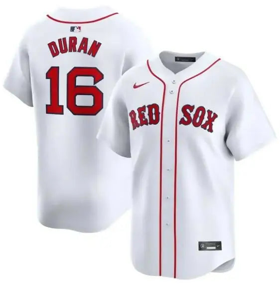 White Jarren Duran Boston Red Sox Nike Home Limited Player Jersey on display