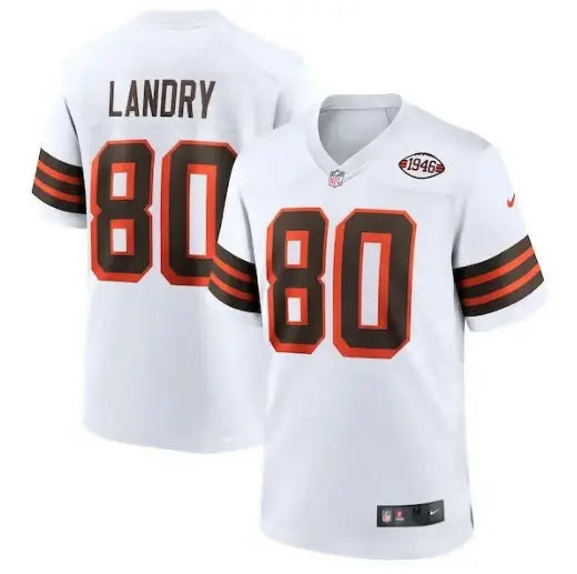 White and brown Jarvis Landry Cleveland Browns Nike 1946 Collection jersey with 80 printed