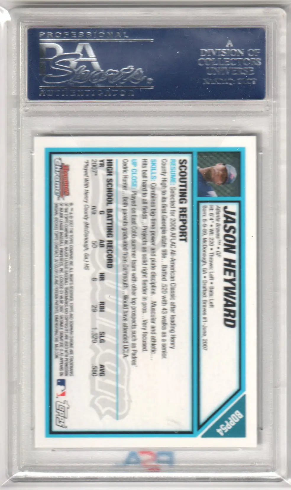 Graded Jason Heyward baseball card from Chrome Draft Picks 2007 Bowman Chrome Draft
