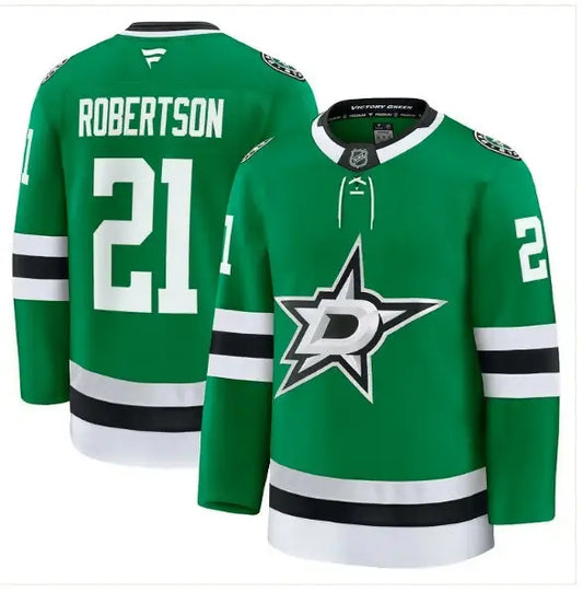 Green Dallas Stars hockey jersey Jason Robertson Alternate Premium Kelly Green display