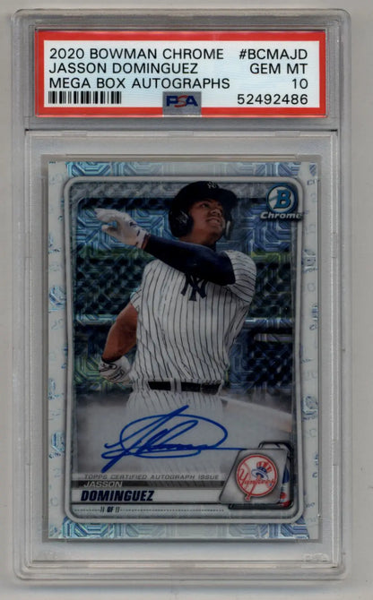 Autographed Jasson Dominguez Bowman Chrome Mega Box baseball card in PSA 10 Gem Mint