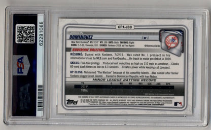 PSA-graded Jasson Dominguez Bowman Chrome Prospect Auto baseball card in mint condition