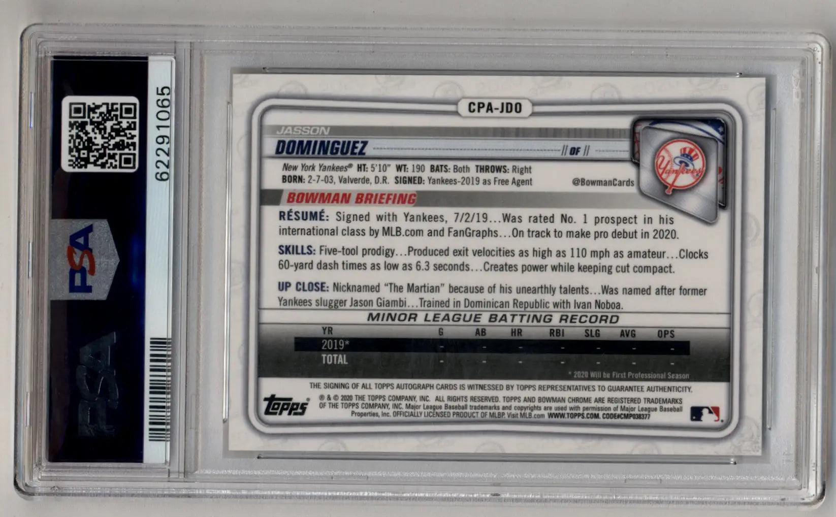 Jasson Dominguez 2020 Bowman Chrome Prospect Auto PSA 9 Mint in protective case with QR code
