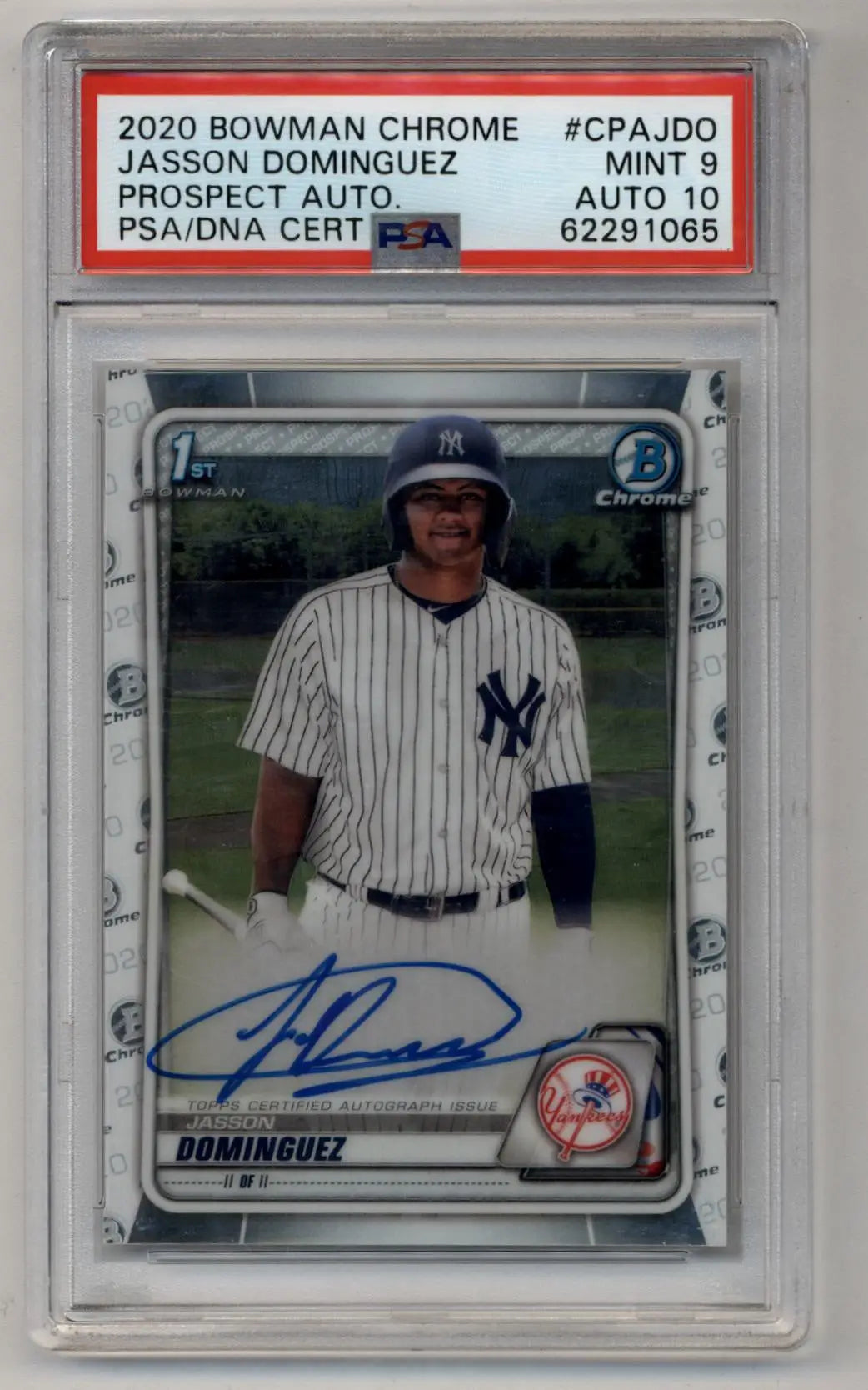 PSA-graded Jasson Dominguez 2020 Bowman Chrome Prospect Auto with autograph in pinstripes