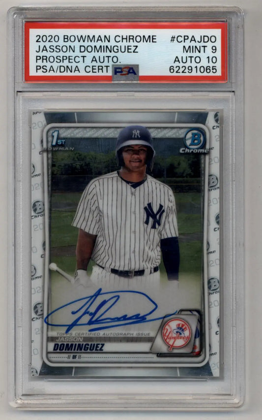 PSA-graded Jasson Dominguez 2020 Bowman Chrome Prospect Auto with autograph in pinstripes