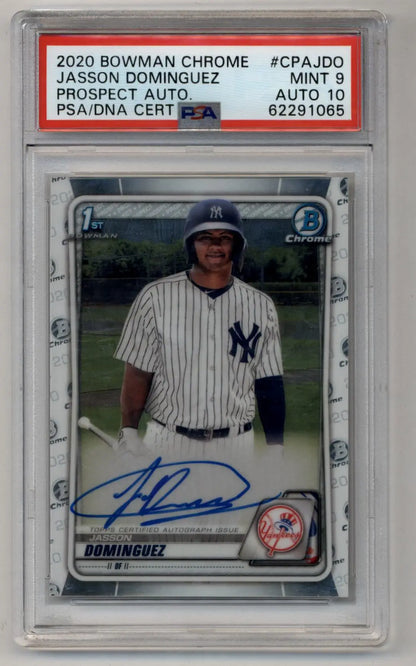 PSA-graded 2020 Bowman Chrome Prospect Jasson Dominguez auto baseball card in mint condition