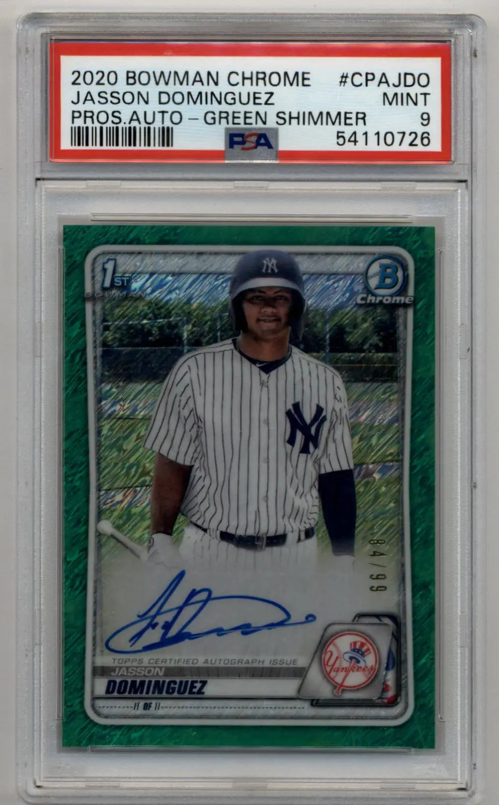Jasson Dominguez 2020 Bowman Chrome Prospect Green Shimmer Auto 84/99 PSA 9 Mint - Singles
