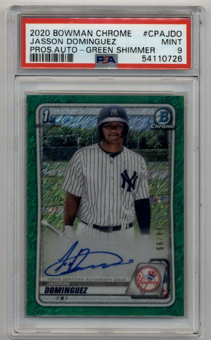 Jasson Dominguez 2020 Bowman Chrome Prospect Green Shimmer Auto 84/99 PSA 9 Mint - Singles