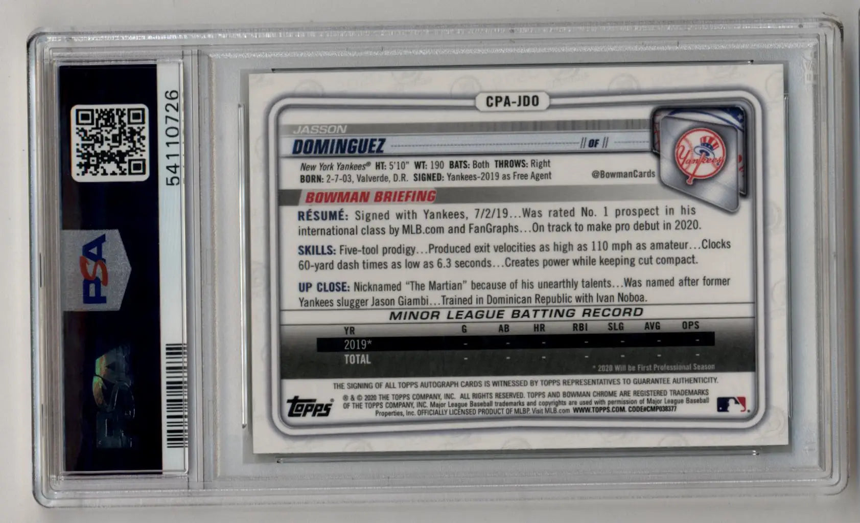 Jasson Dominguez 2020 Bowman Chrome Prospect Green Shimmer Auto 84/99 PSA 9 Mint - Singles
