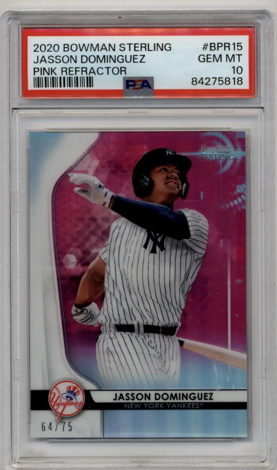 PSA-graded 2020 Bowman Sterling Pink Refractor Jasson Dominguez baseball card in Gem Mint condition