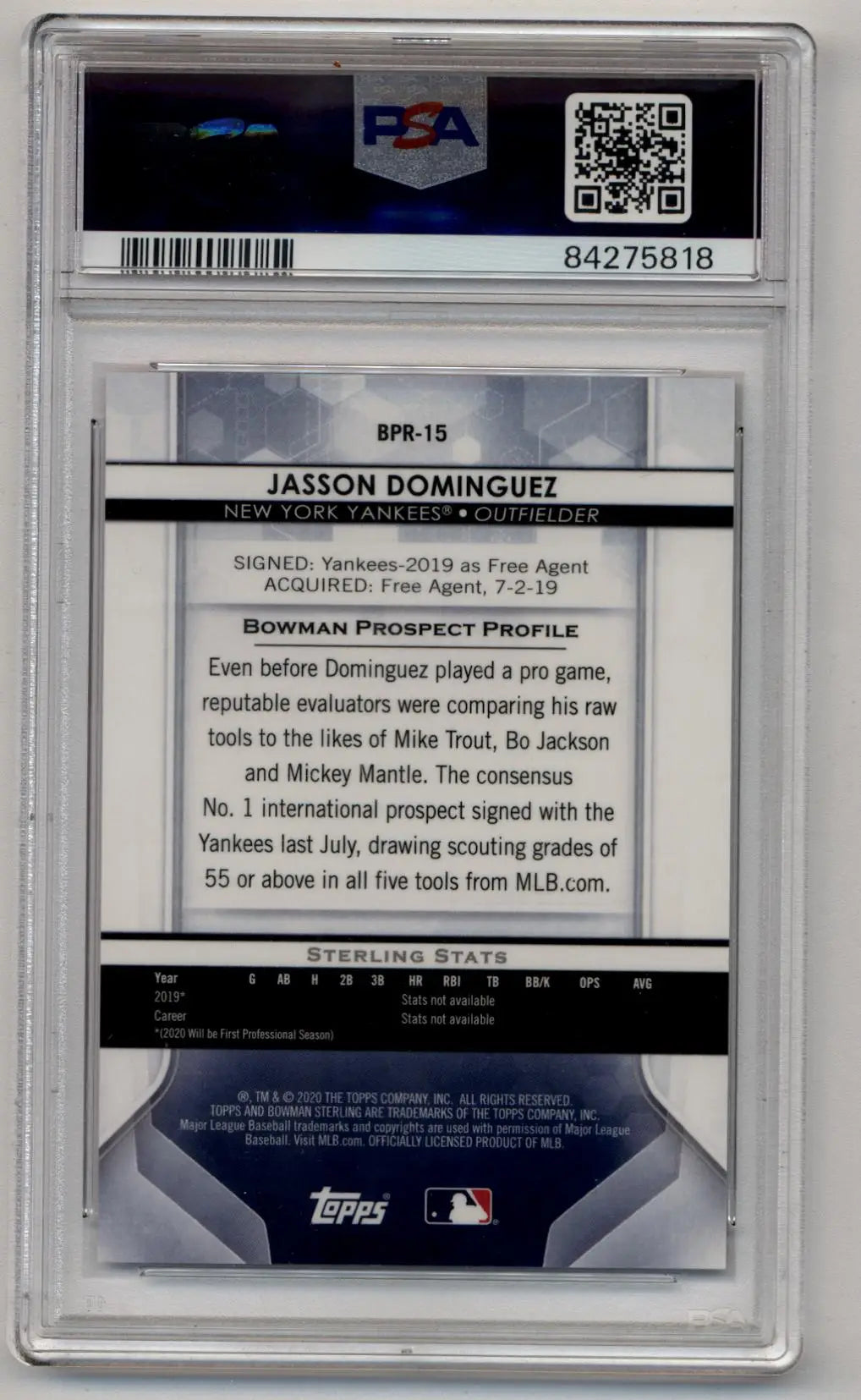 Graded Jasson Dominguez Bowman Sterling Pink Refractor trading card 64/75 PSA 10