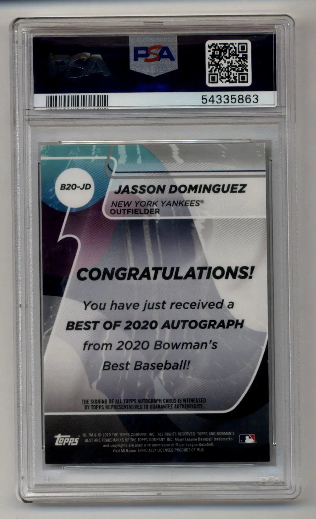 Graded Jasson Dominguez baseball autograph card featuring best blue refractor auto PSA 10