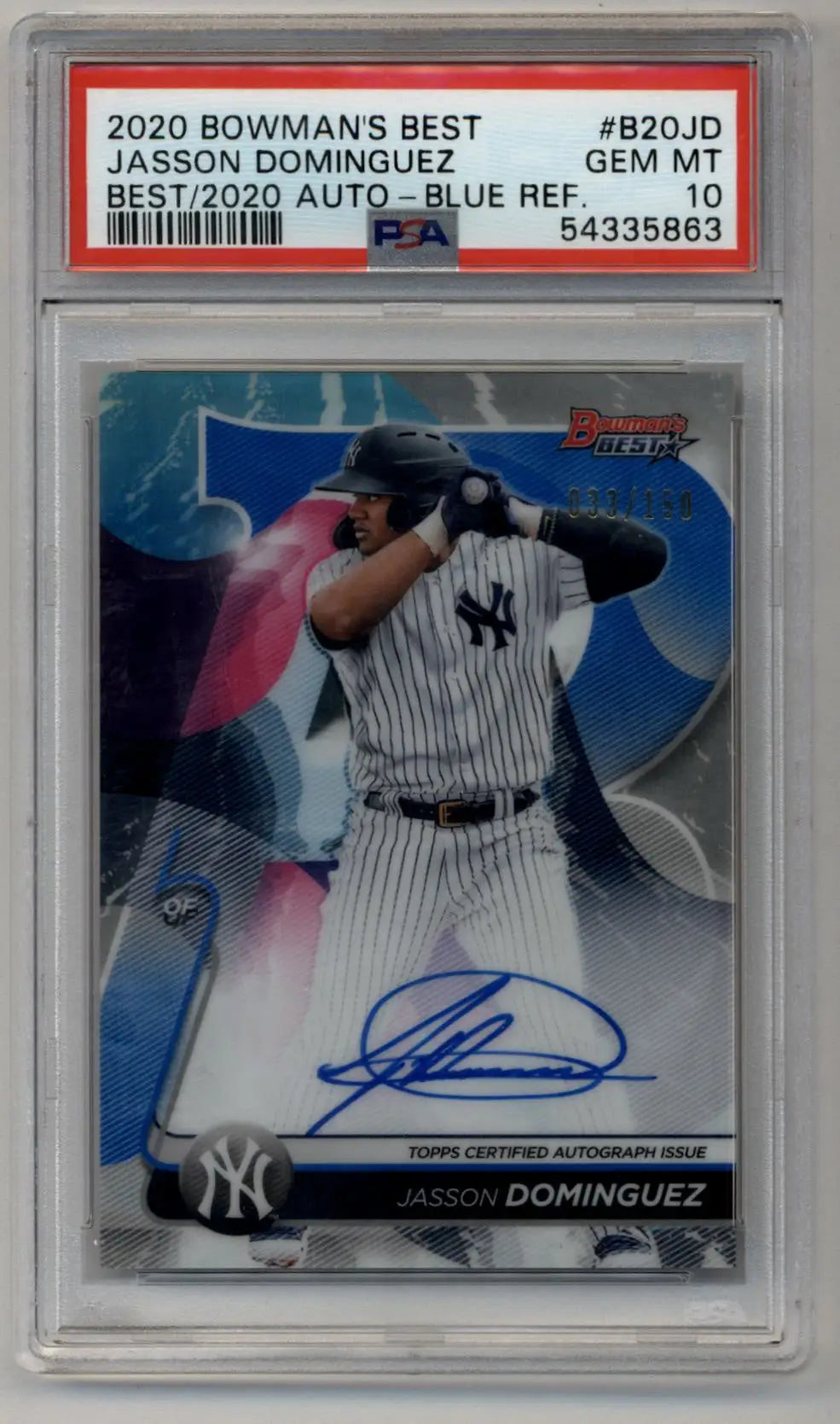 Jasson Dominguez 2020 Bowman’s Best best blue refractor auto PSA 10 Gem Mint