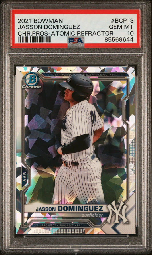 PSA-graded Jasson Dominguez 2021 Bowman Chrome Atomic Refractor in pinstripes