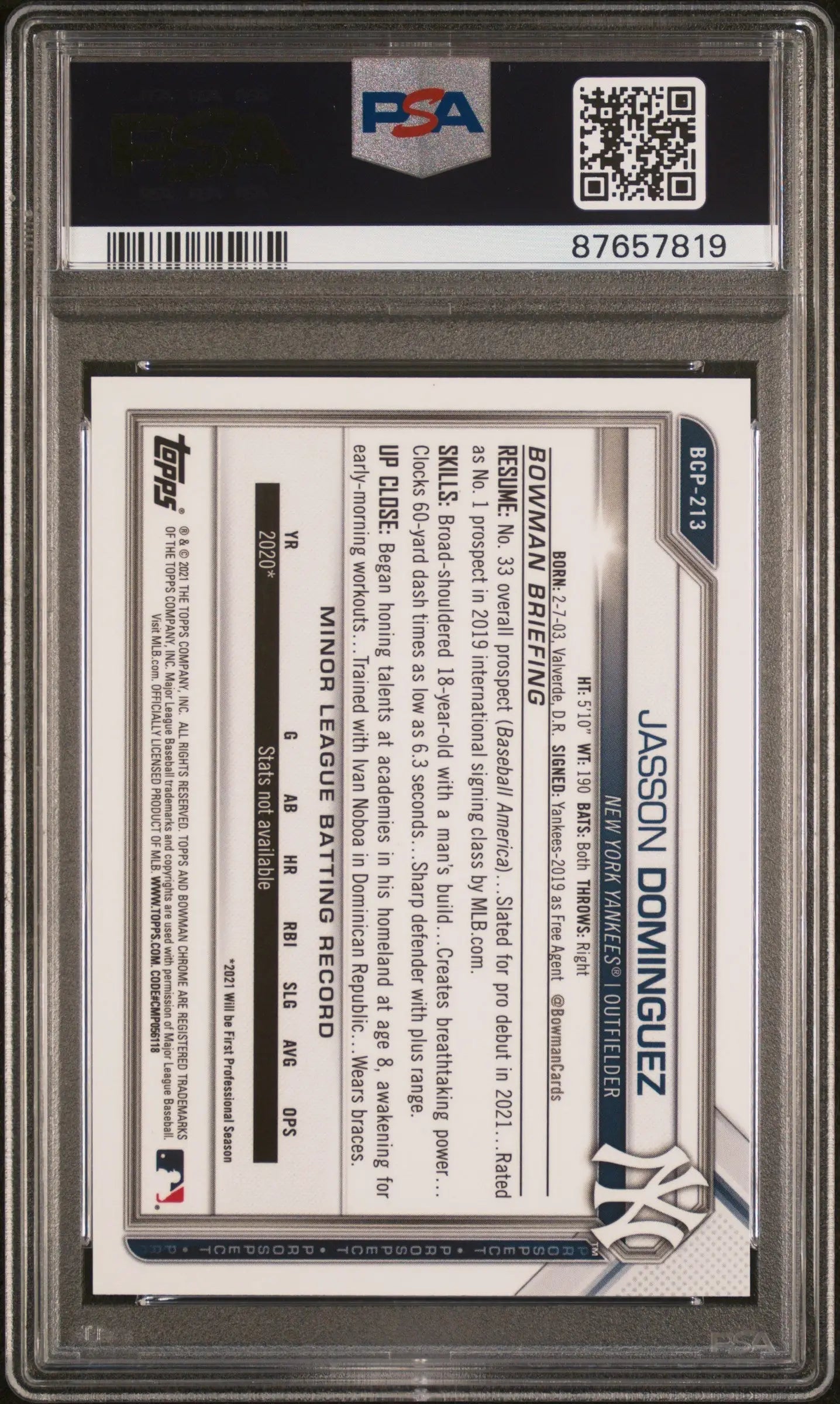 PSA-graded Jasson Dominguez 2021 Bowman Chrome Sapphire Orange card in protective case