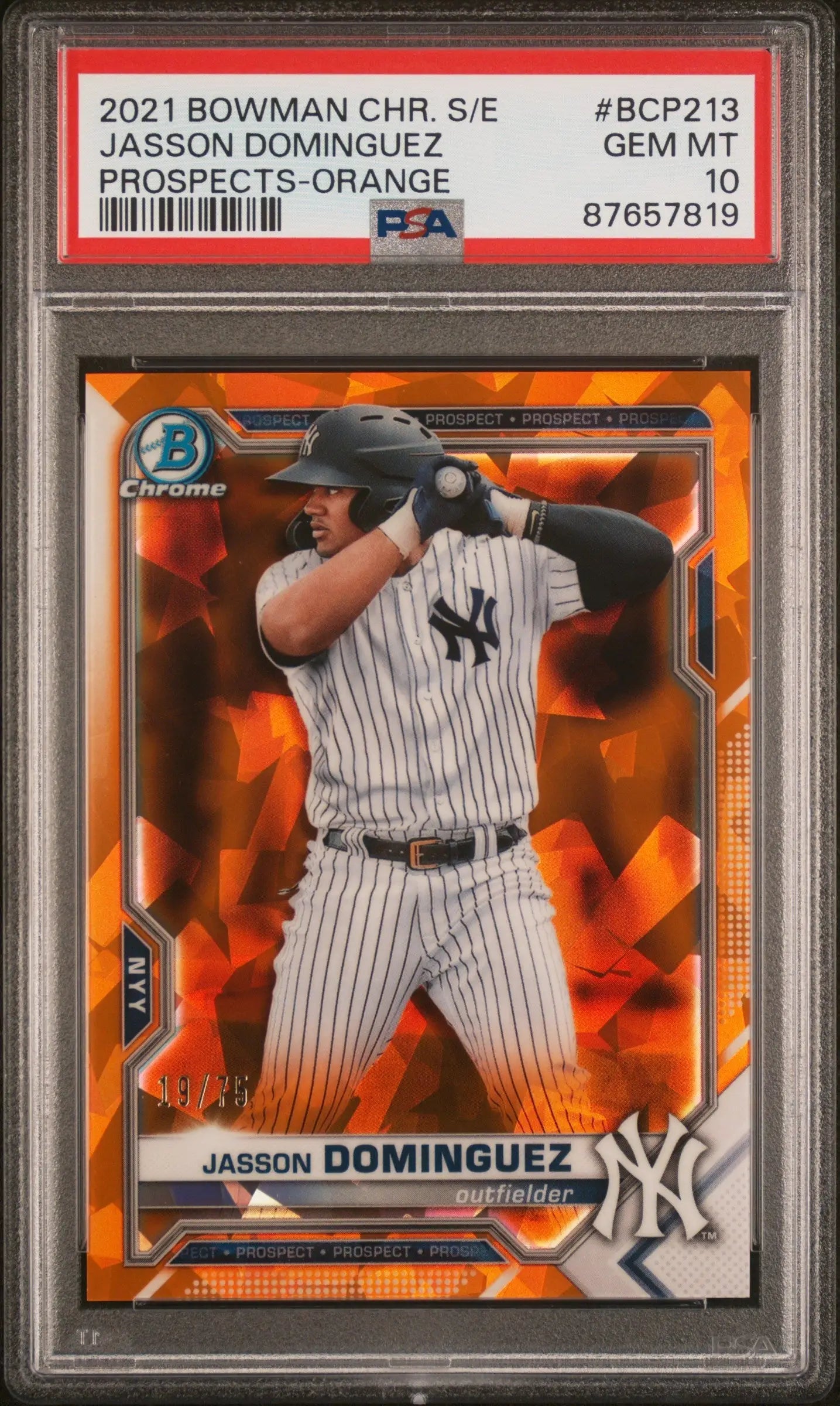 PSA-graded Jasson Dominguez 2021 Bowman Chrome Sapphire Orange baseball card in pinstripes