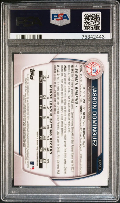 Graded JASSON DOMINGUEZ 2023 Bowman Chrome Prospects Purple trading card PSA 9 MINT